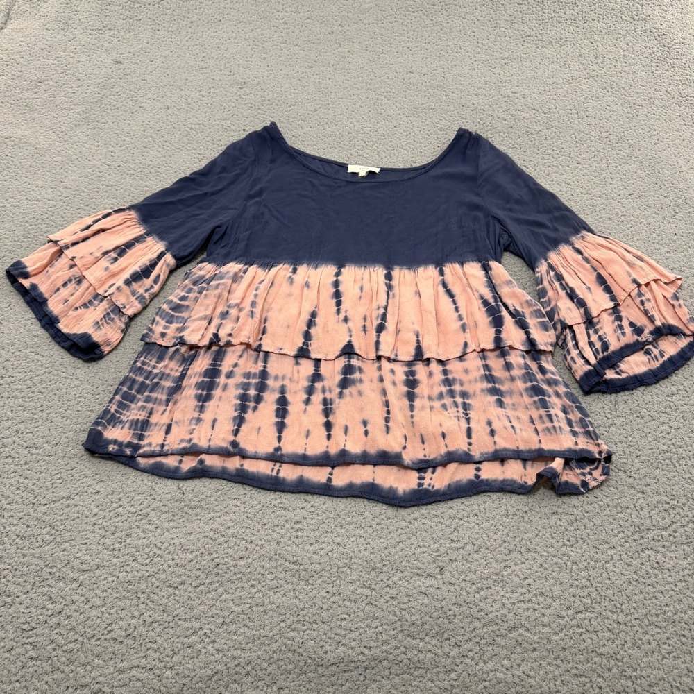 Entro Top Womens Size Large Navy Peach Tie Dye Tiered Ruffle Bell Sleeve